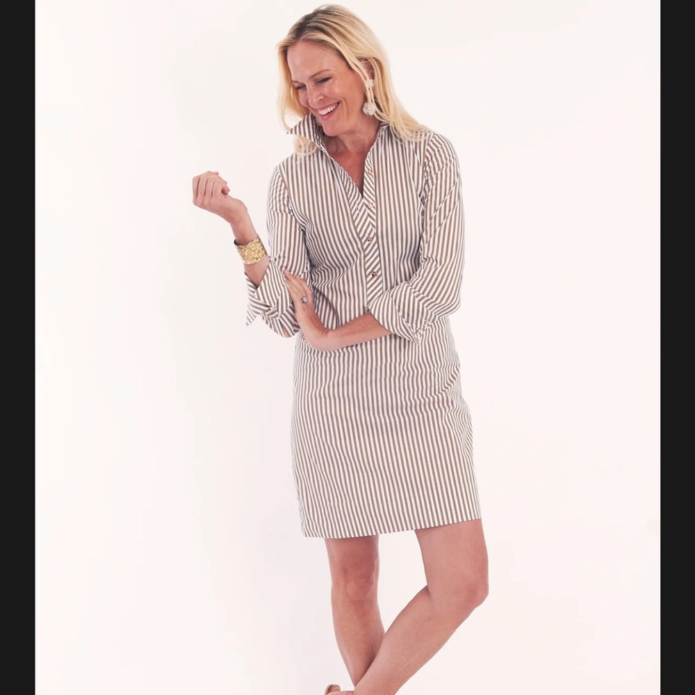CK Bradley NWT  IVY DRESS - TAUPE STRIPE
Gold buttons